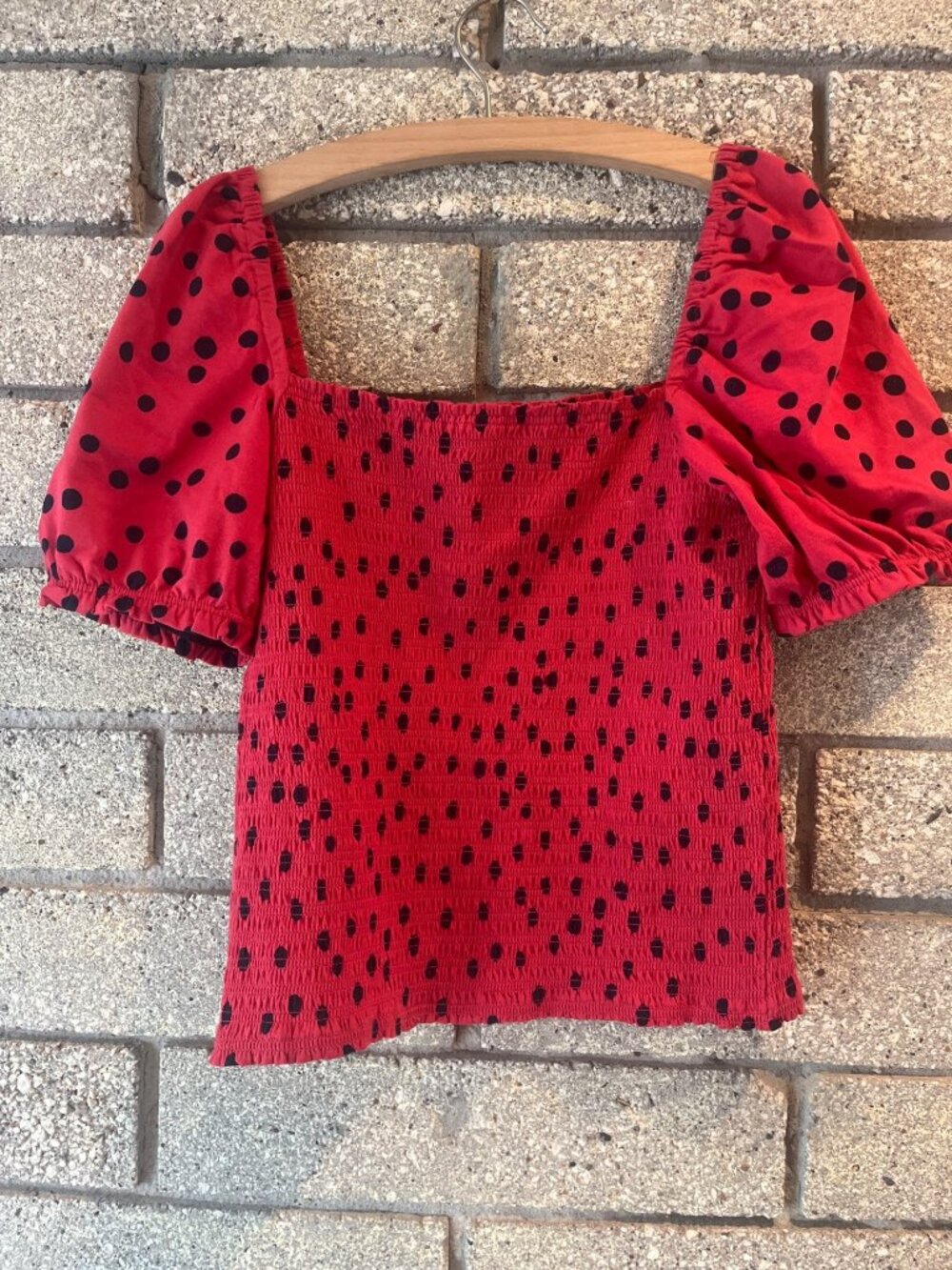 Red & Black Polka Dot Smocked Puff Sleeve Top - Dolan Left Coast Collection - Si